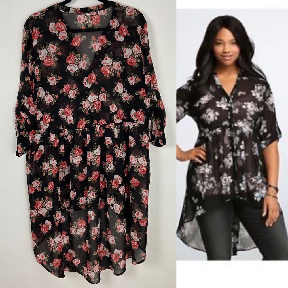 Torrid Hi-Lo Floral Tunic Top Black & Pink women’s Size 1X Sheer‎ 3/4 Sleeve